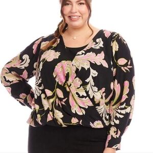 NWT Karen‎ Kane Plus Size Drape Front Top: Black W/pink/white Floral: Size- 3X